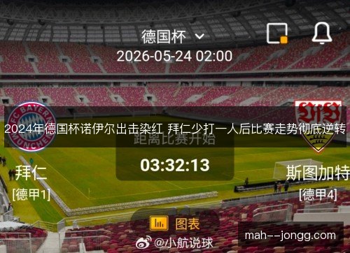 2024年德国杯诺伊尔出击染红 拜仁少打一人后比赛走势彻底逆转